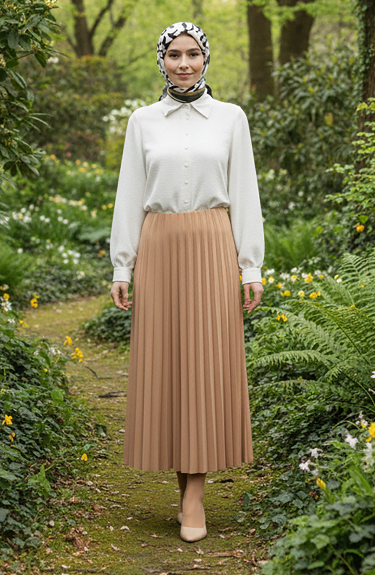 تنورة مطوية بخصر مطاطي 0213-06 لون القهوة الحليبية 0213-06