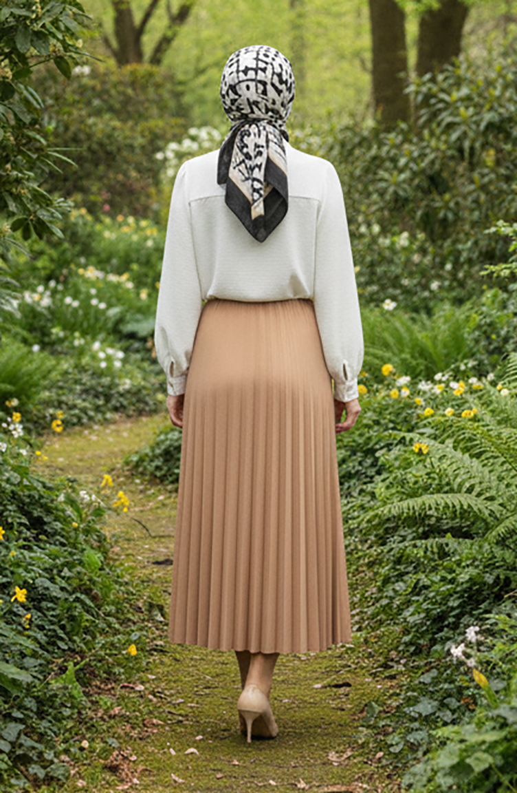 تنورة مطوية بخصر مطاطي 0213-06 لون القهوة الحليبية 0213-06