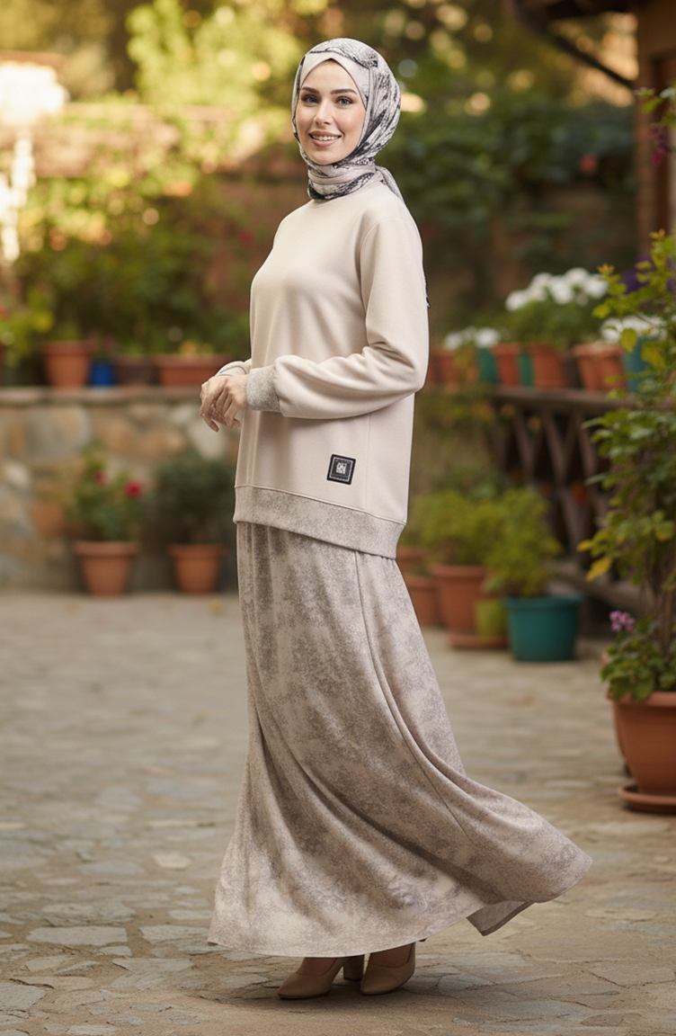 Oysho Kumaş Desenli Etekli Tesettür Takım 0218-02 Bej