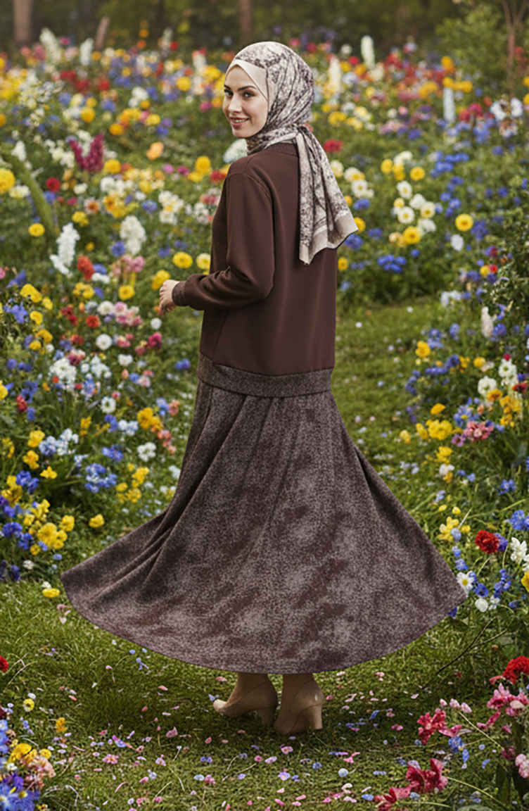 Oysho Kumaş Desenli Etekli Tesettür Takım 0218-03 Kahverengi