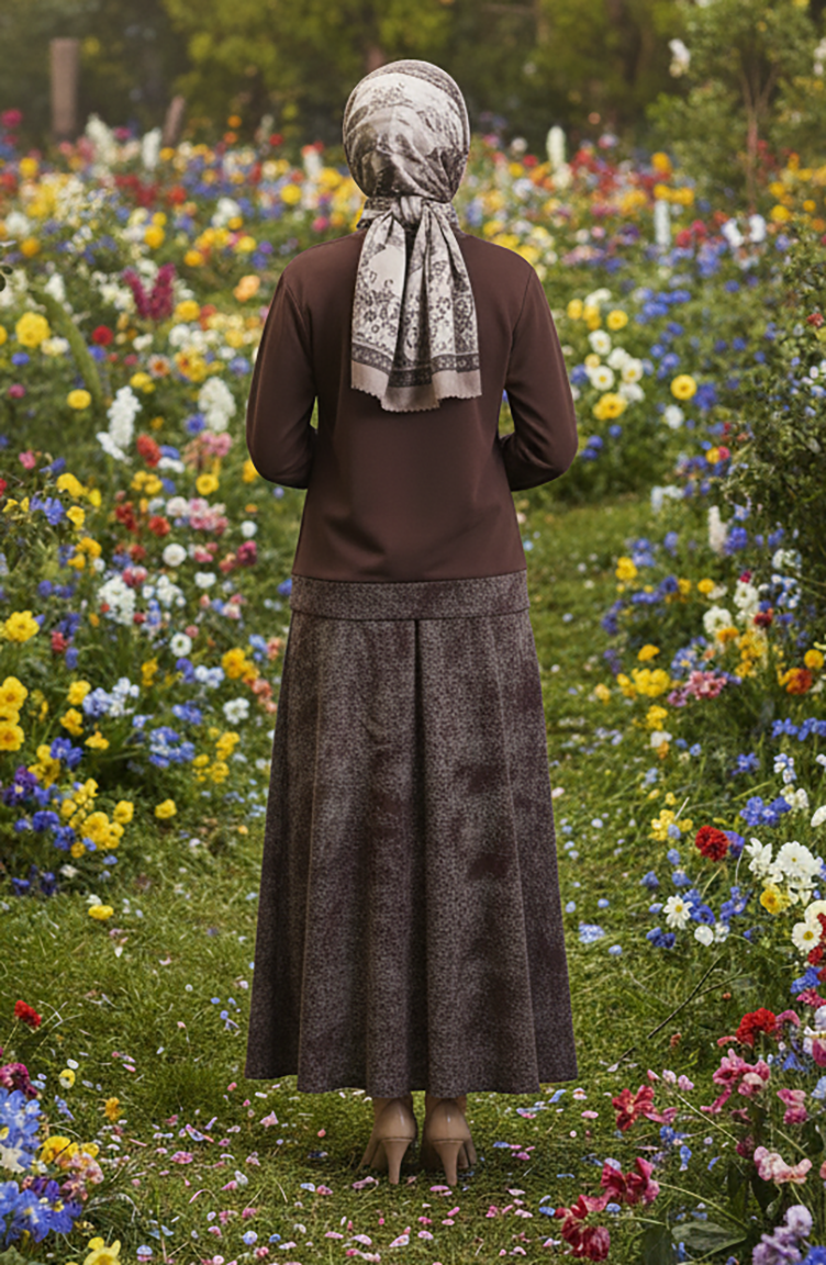 Oysho Kumaş Desenli Etekli Tesettür Takım 0218-03 Kahverengi