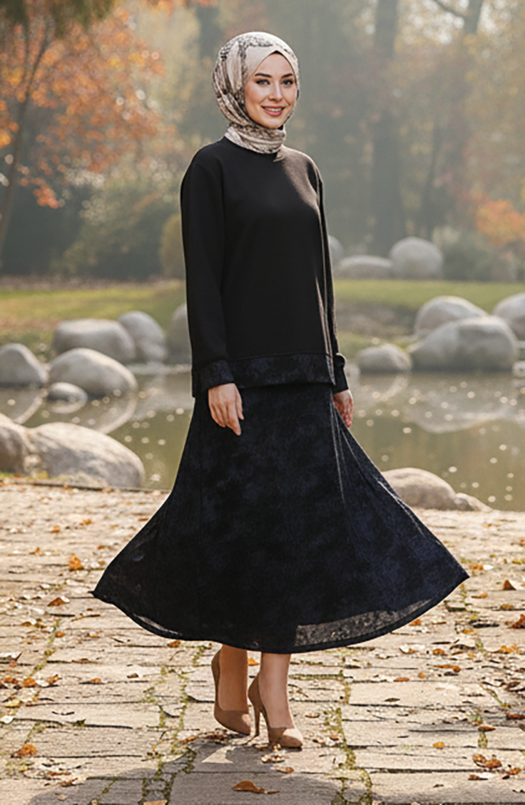 Oysho Kumaş Desenli Etekli Tesettür Takım 0218-05 Siyah