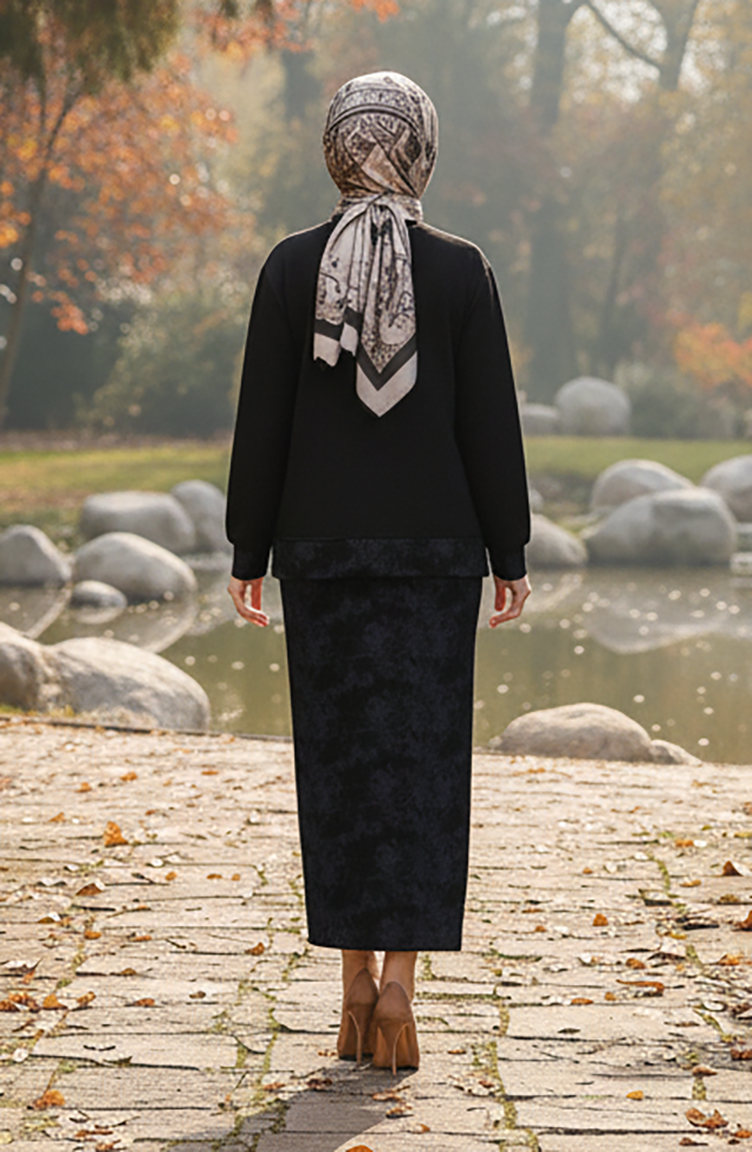 Oysho Kumaş Desenli Etekli Tesettür Takım 0218-05 Siyah