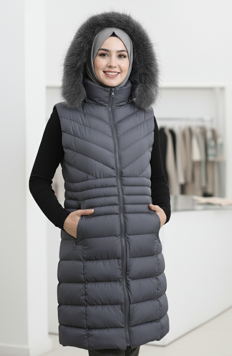 Doudoune Sans Manches à Capuche Zippée 202419-01 Gris 202419-01