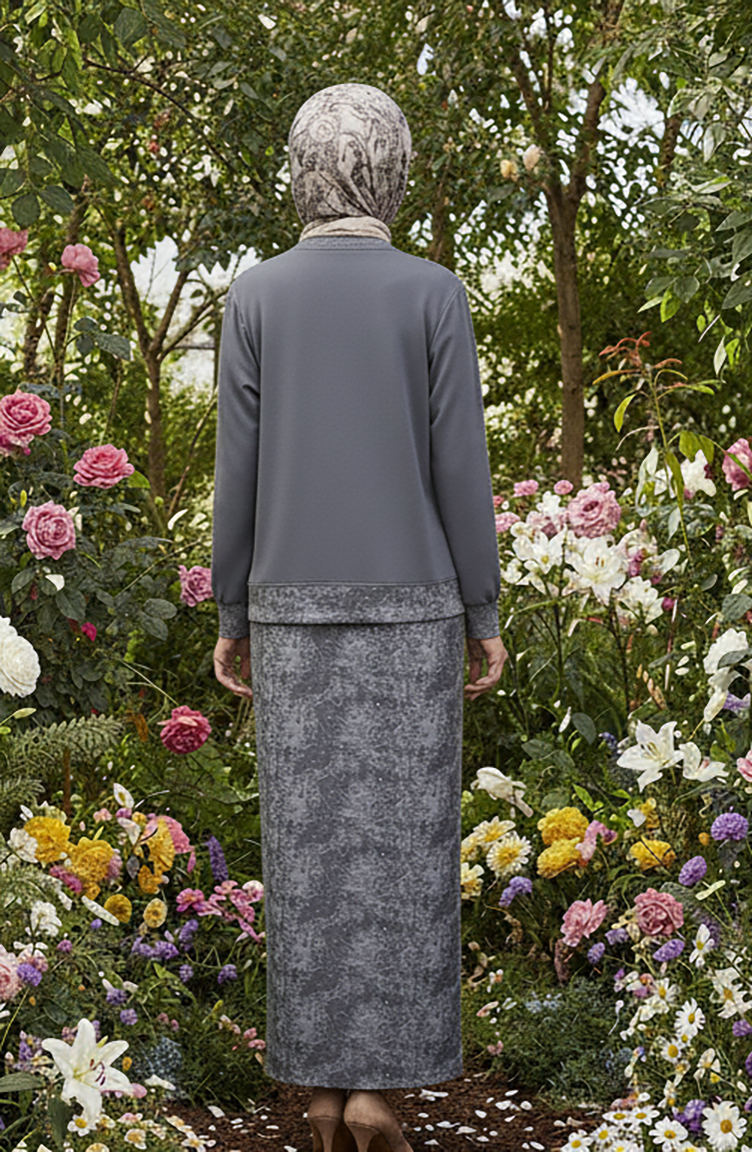 Oysho Kumaş Desenli Etekli Tesettür Takım 0218-04 Antrasit