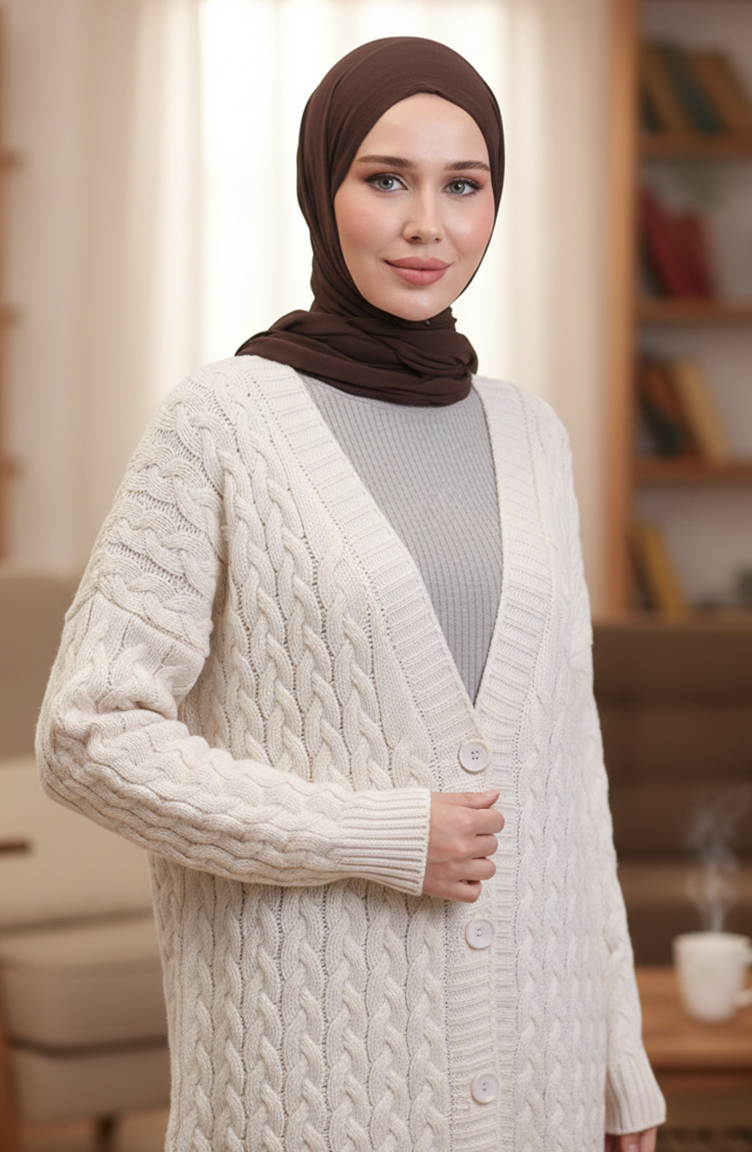 Düğmeli Uzun Triko Hırka 0377-01 Ekru