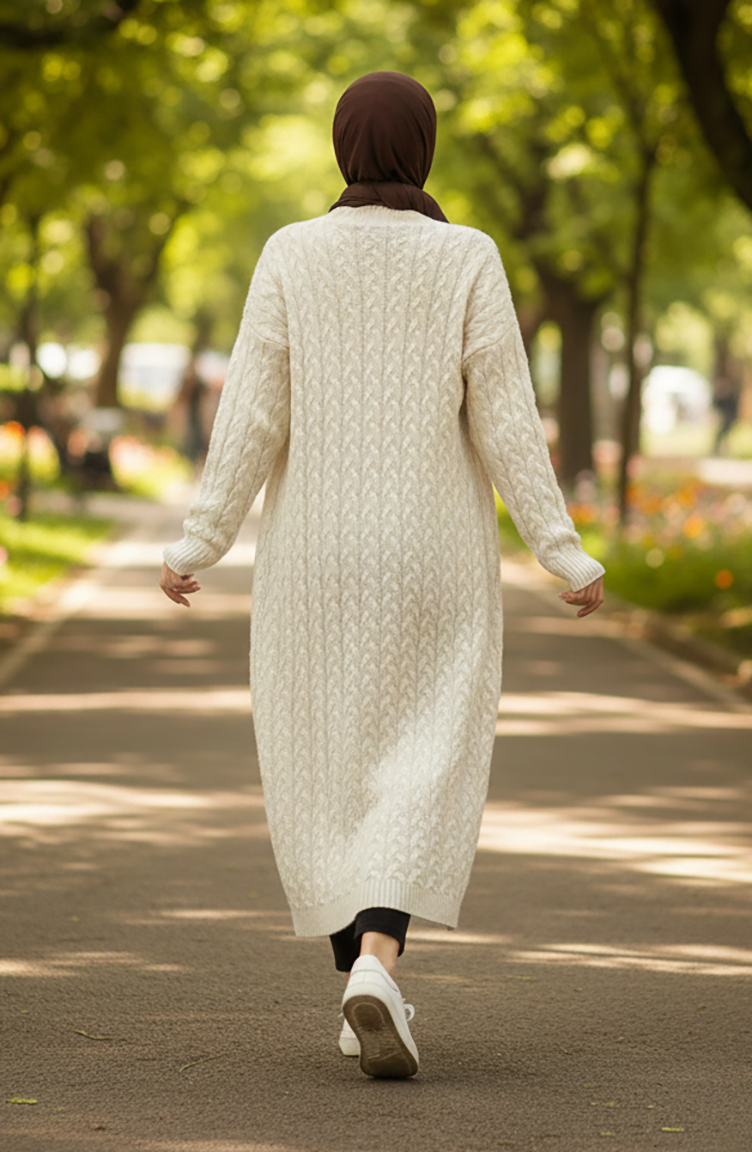 Düğmeli Uzun Triko Hırka 0377-01 Ekru