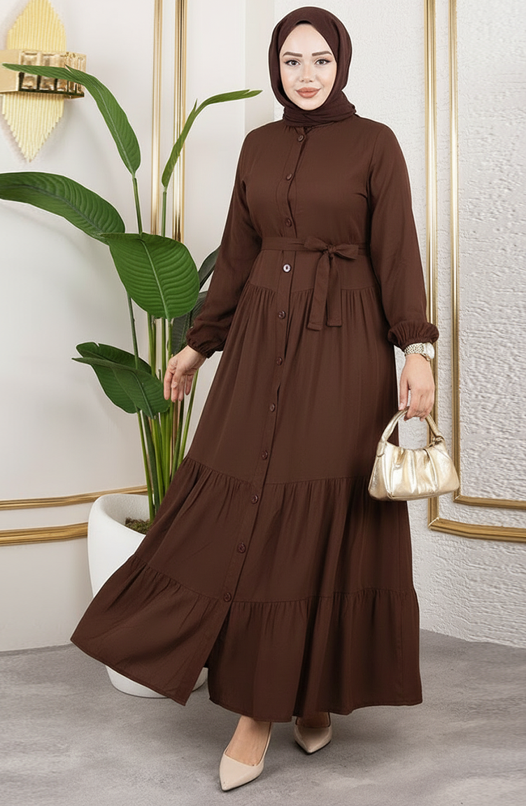 Önden Düğmeli Viskon Elbise 1124-09 Kahverengi