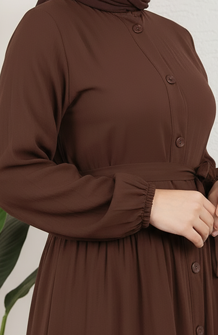 Önden Düğmeli Viskon Elbise 1124-09 Kahverengi