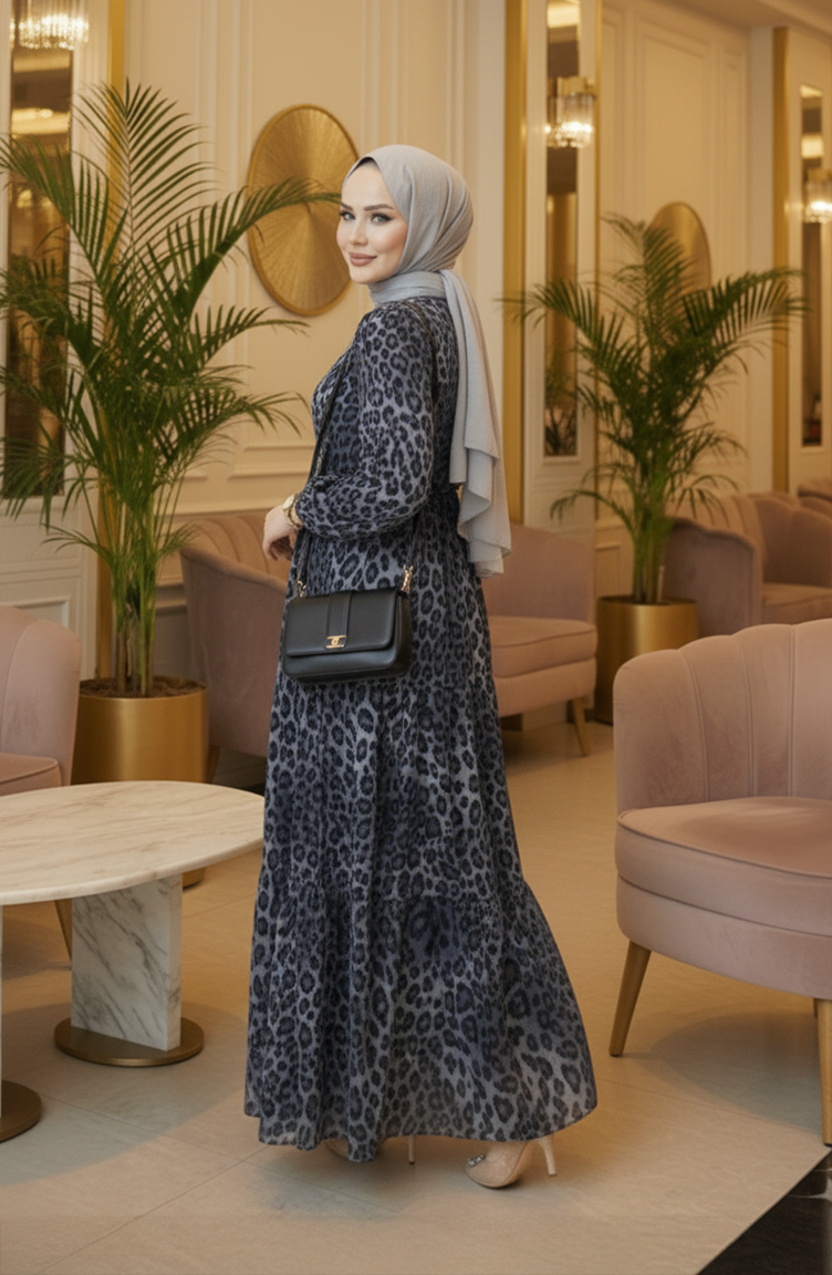 Tunneled Waist Leopard Dress 7130-01 Gray 7130-01