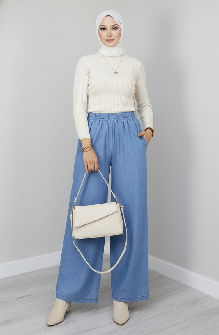 Tensel Beli Lastikli Kot Pantolon 7568-06 Açık Lacivert