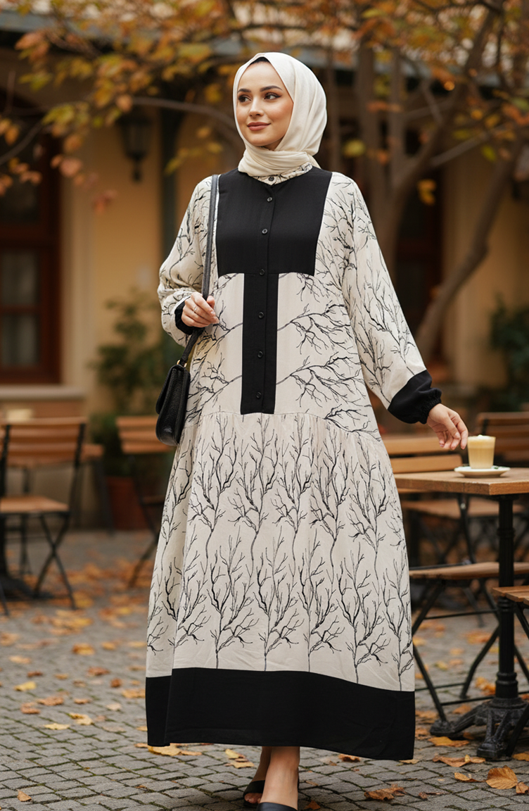 فستان حجاب من الفسكوز بنقشة ألاكاتي وأزرار، أسود اللون، رقم الموديل 2198-01 2198-01