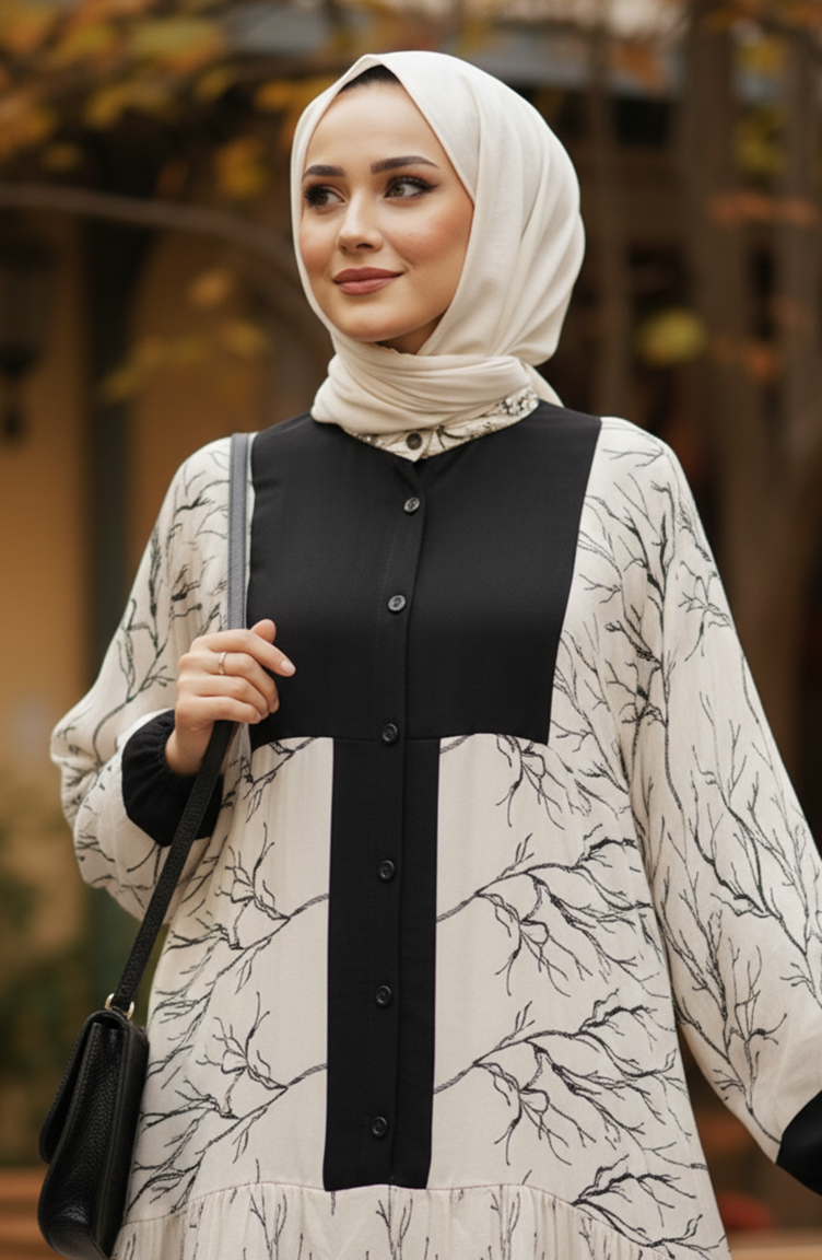 فستان حجاب من الفسكوز بنقشة ألاكاتي وأزرار، أسود اللون، رقم الموديل 2198-01 2198-01