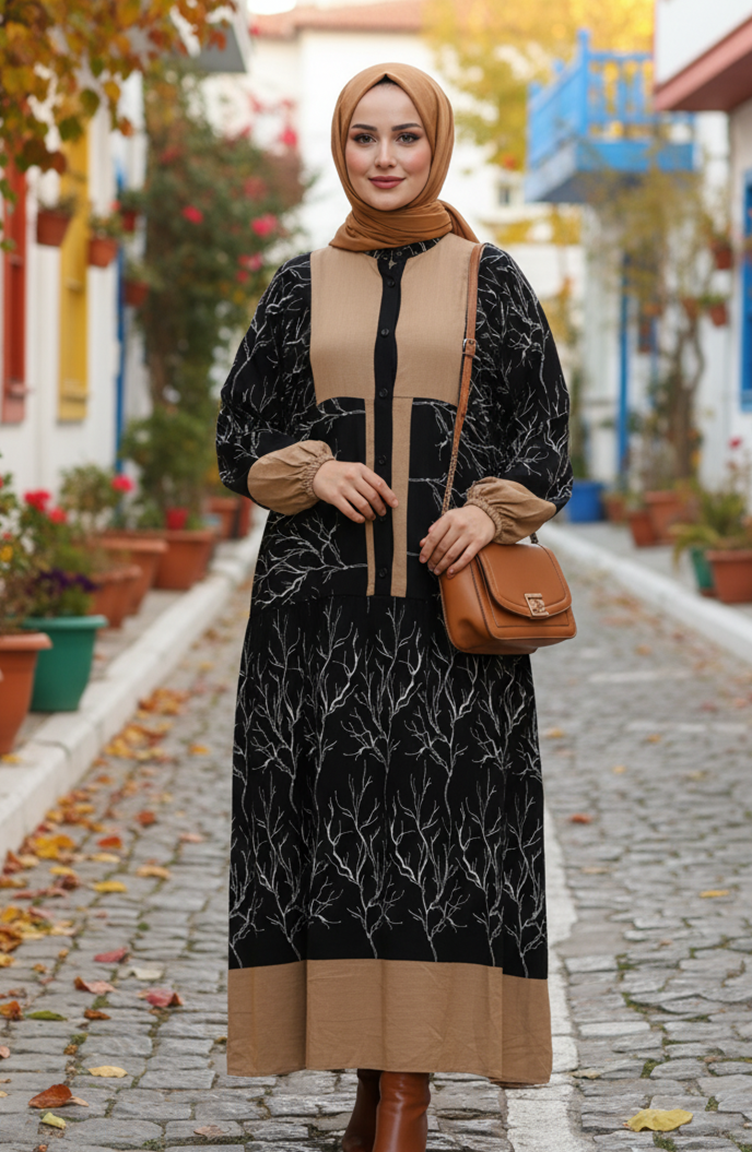 Robe Hijab Boutonnée En Viscose à Motif Alacati 2198-02 Beige 2198-02