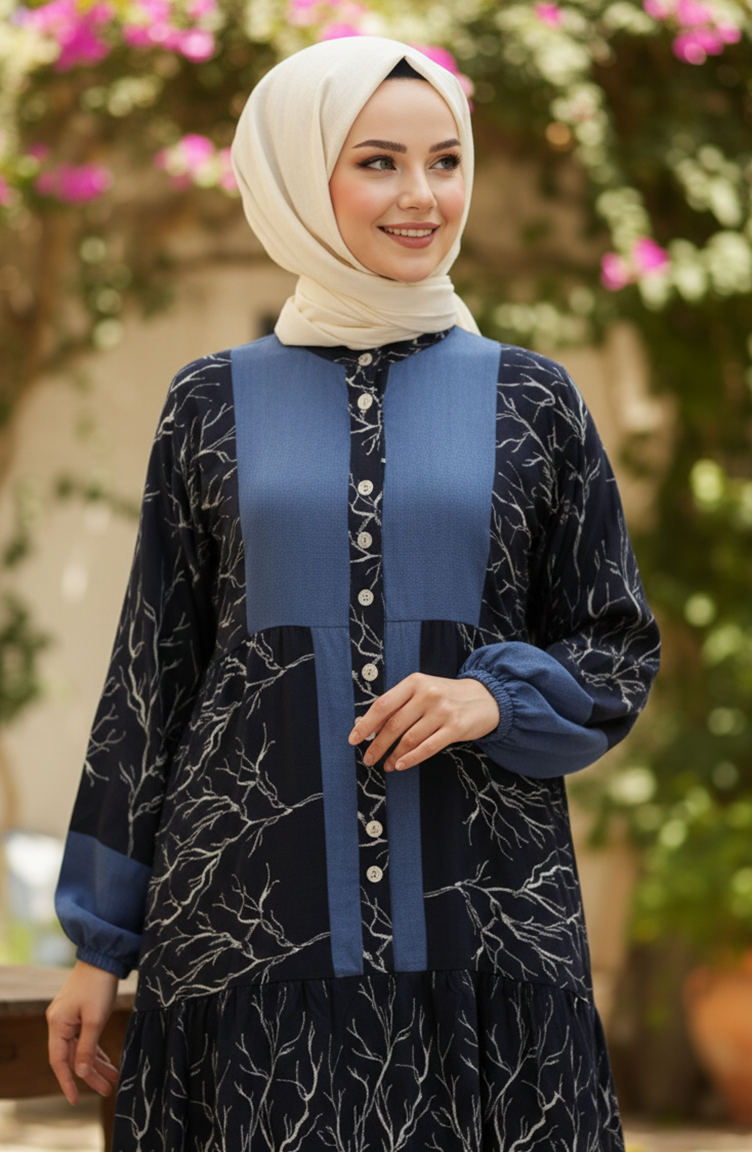 فستان حجاب من الفسكوز بنقشة ألاكاتي وأزرار، موديل 2198-03، لون كحلي 2198-03