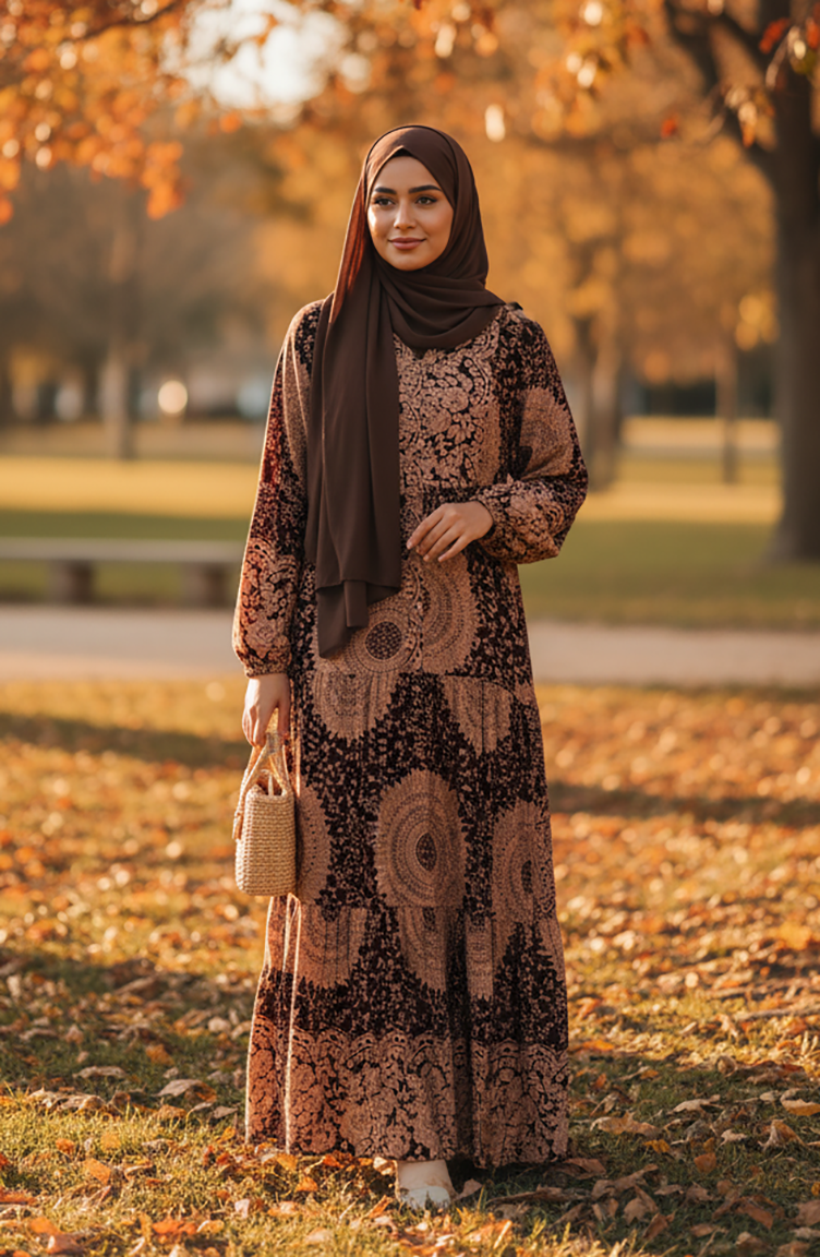 Robe Hijab En Viscose à Motifs Ethniques Superposés 2199-01 Café Au Lait Bordeaux 2199-01
