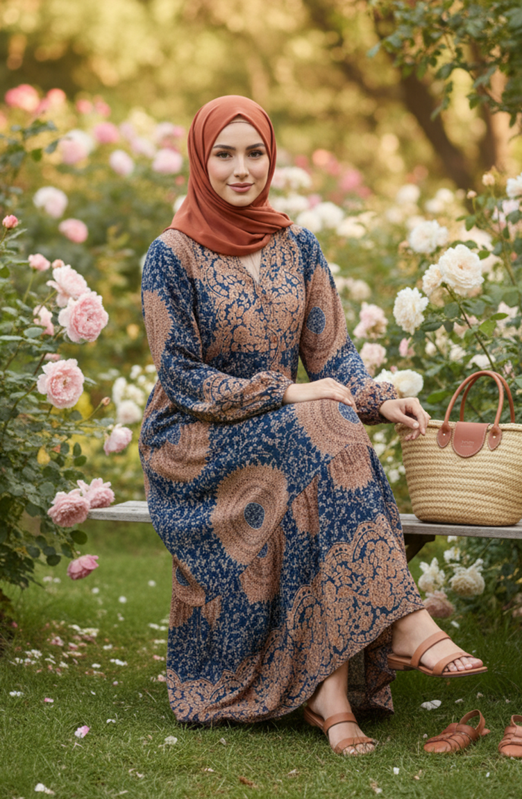 Lagenlook-Hijabkleid Aus Viskose Mit Ethnischem Muster 2199-02 Milchkaffee Petrol 2199-02