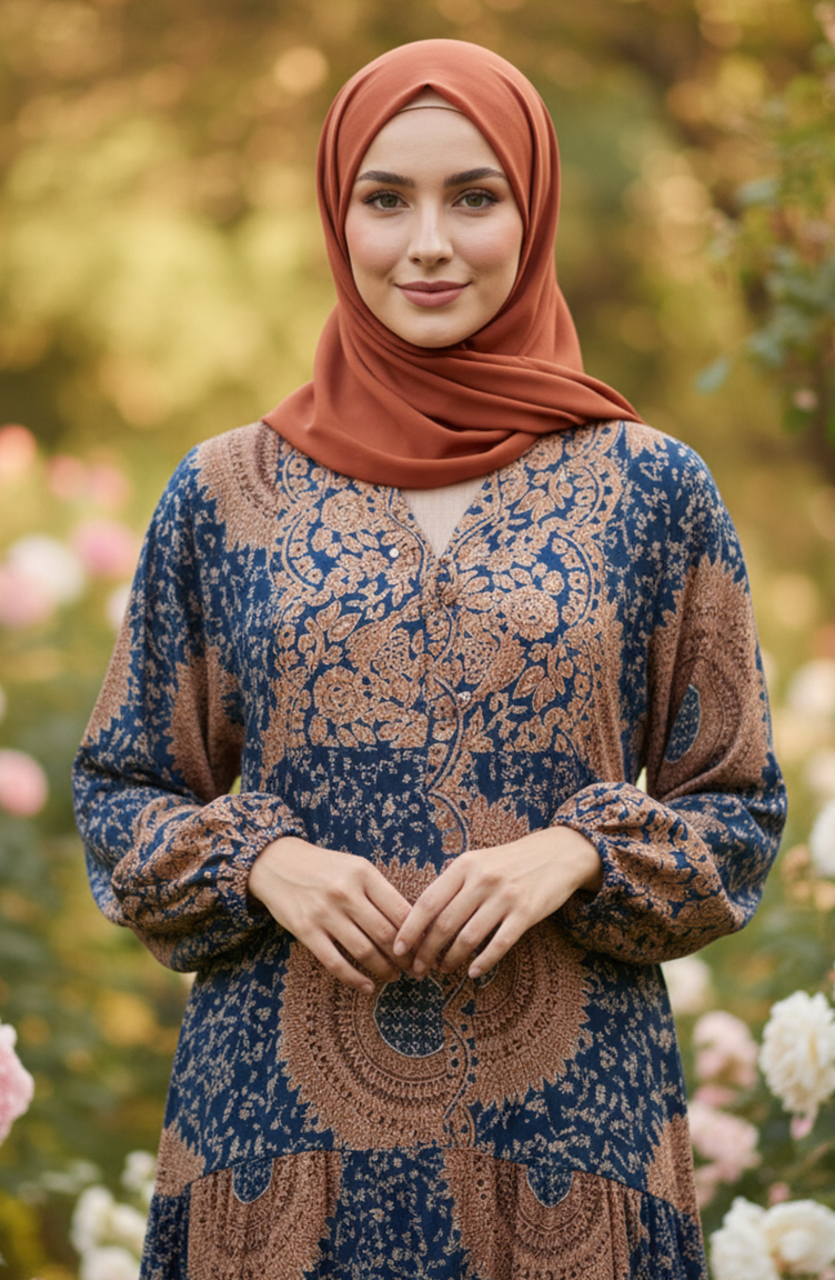 Lagenlook-Hijabkleid Aus Viskose Mit Ethnischem Muster 2199-02 Milchkaffee Petrol 2199-02