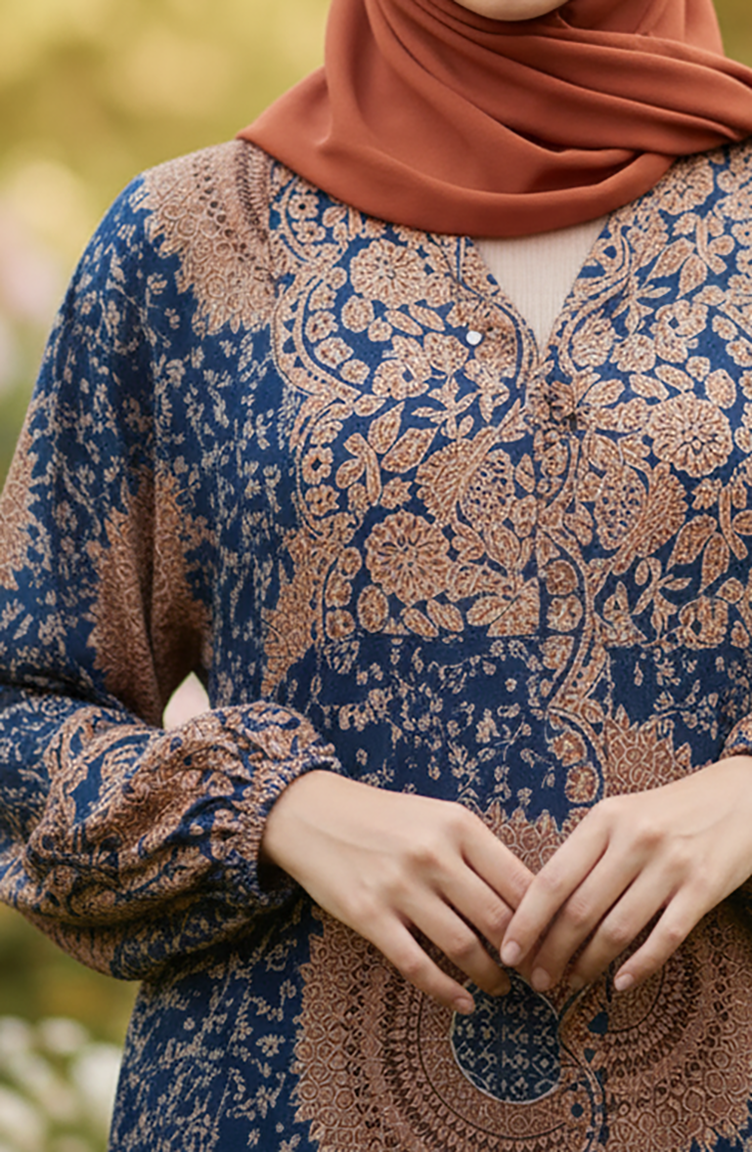 Lagenlook-Hijabkleid Aus Viskose Mit Ethnischem Muster 2199-02 Milchkaffee Petrol 2199-02