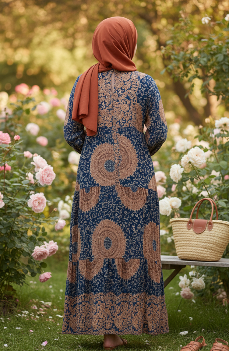 Lagenlook-Hijabkleid Aus Viskose Mit Ethnischem Muster 2199-02 Milchkaffee Petrol 2199-02