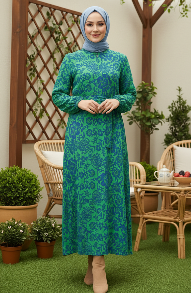 Robe Hijab En Viscose à Ceinture Et à Motifs 2202-02 Vert 2202-02