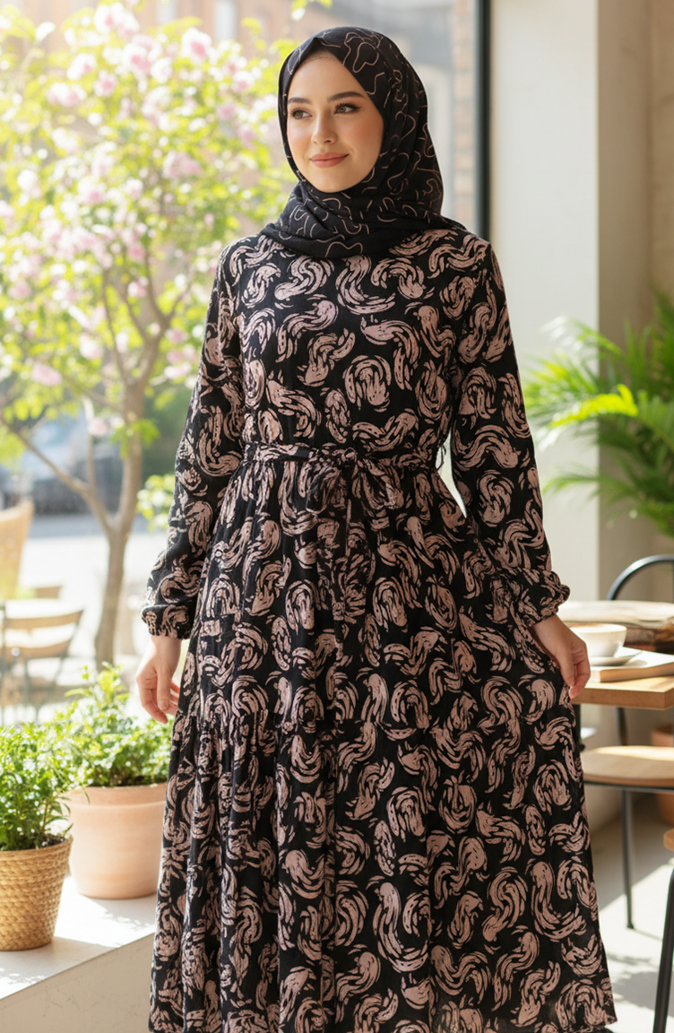 Gemustertes Viskose-Hijab-Kleid Mit Elastischen Ärmeln 2205-02 Schwarz 2205-02