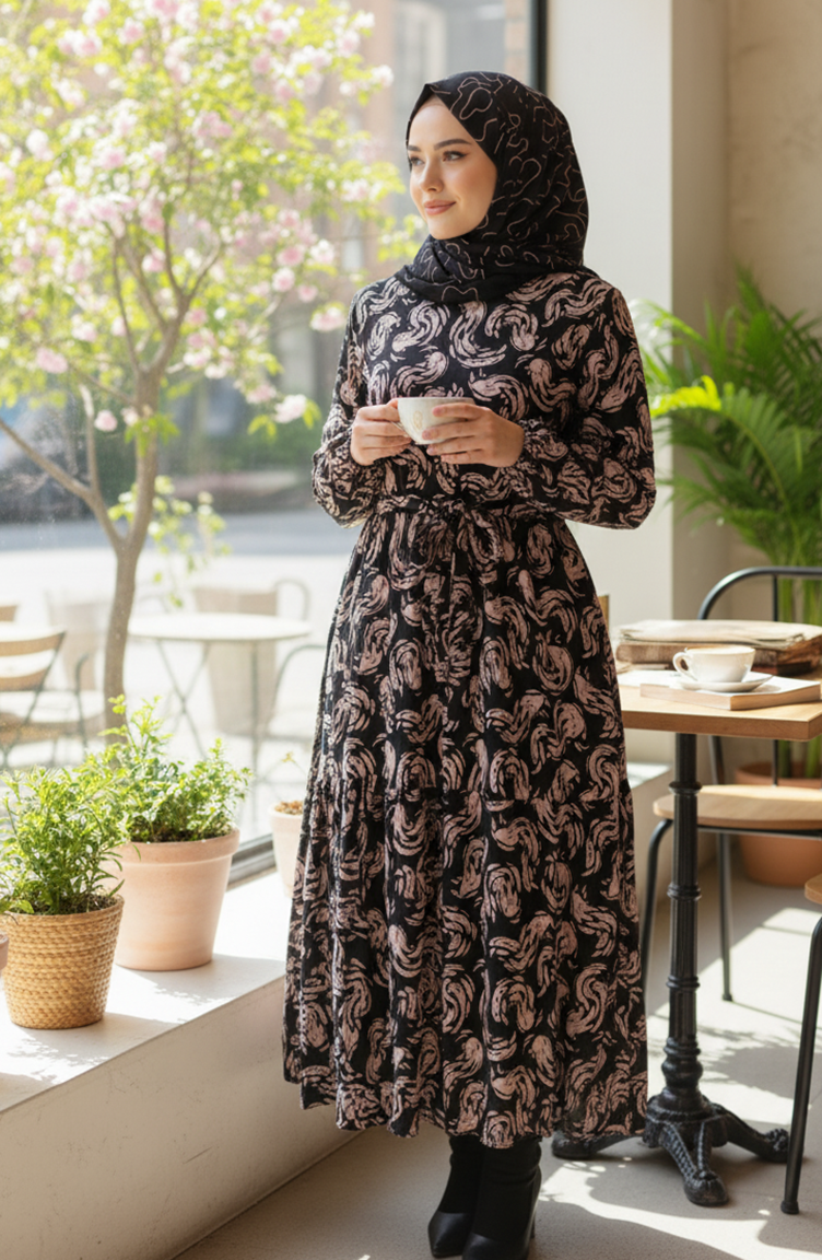 Gemustertes Viskose-Hijab-Kleid Mit Elastischen Ärmeln 2205-02 Schwarz 2205-02