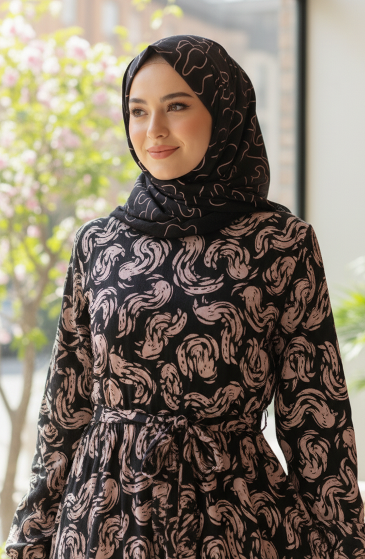 Gemustertes Viskose-Hijab-Kleid Mit Elastischen Ärmeln 2205-02 Schwarz 2205-02