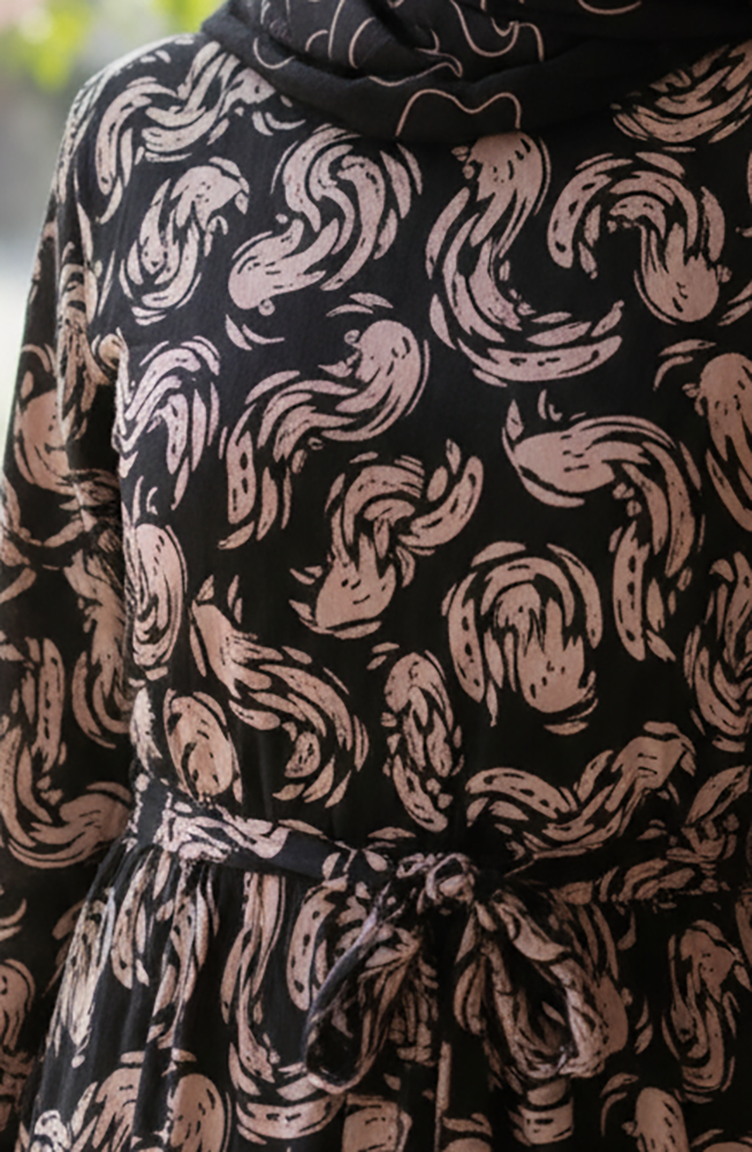 Gemustertes Viskose-Hijab-Kleid Mit Elastischen Ärmeln 2205-02 Schwarz 2205-02