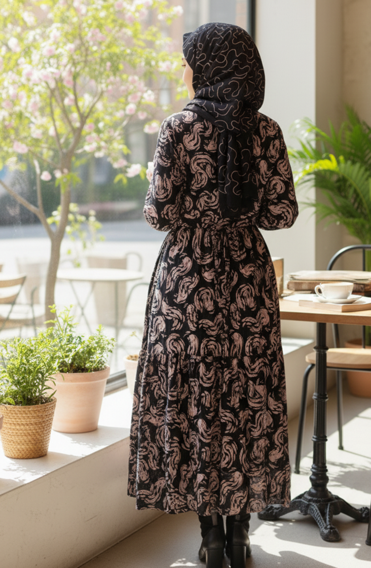Gemustertes Viskose-Hijab-Kleid Mit Elastischen Ärmeln 2205-02 Schwarz 2205-02