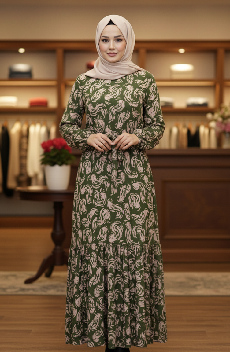 Gemustertes Viskose-Hijab-Kleid Mit Elastischen Ärmeln 2205-03 Khaki 2205-03