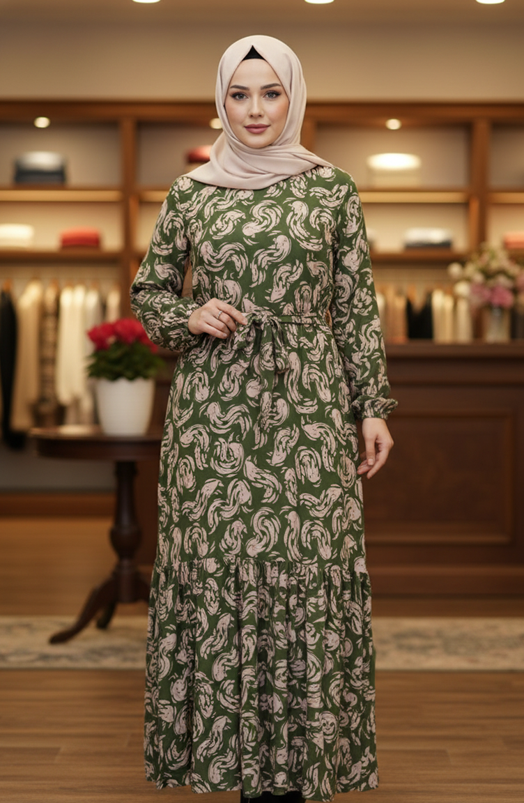 Gemustertes Viskose-Hijab-Kleid Mit Elastischen Ärmeln 2205-03 Khaki 2205-03