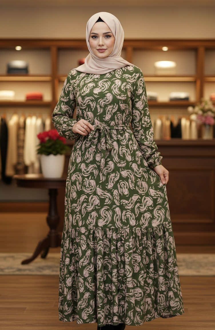 Gemustertes Viskose-Hijab-Kleid Mit Elastischen Ärmeln 2205-03 Khaki 2205-03