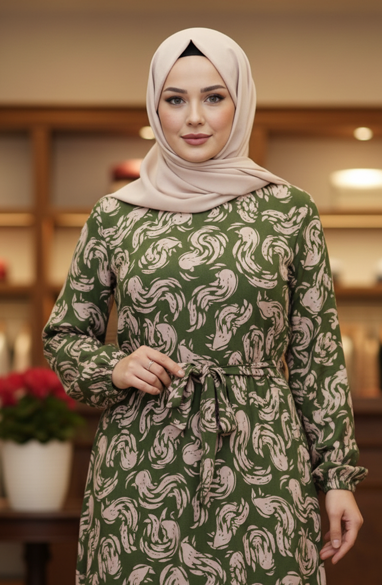 Gemustertes Viskose-Hijab-Kleid Mit Elastischen Ärmeln 2205-03 Khaki 2205-03