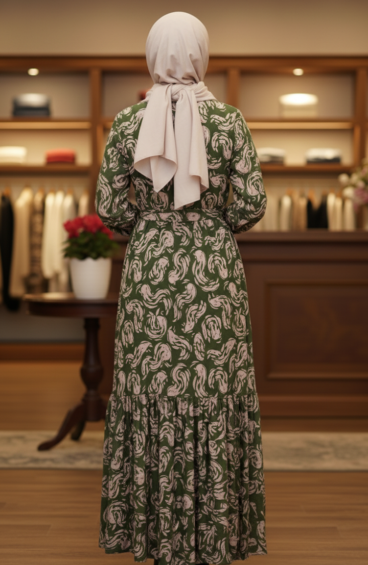 Gemustertes Viskose-Hijab-Kleid Mit Elastischen Ärmeln 2205-03 Khaki 2205-03