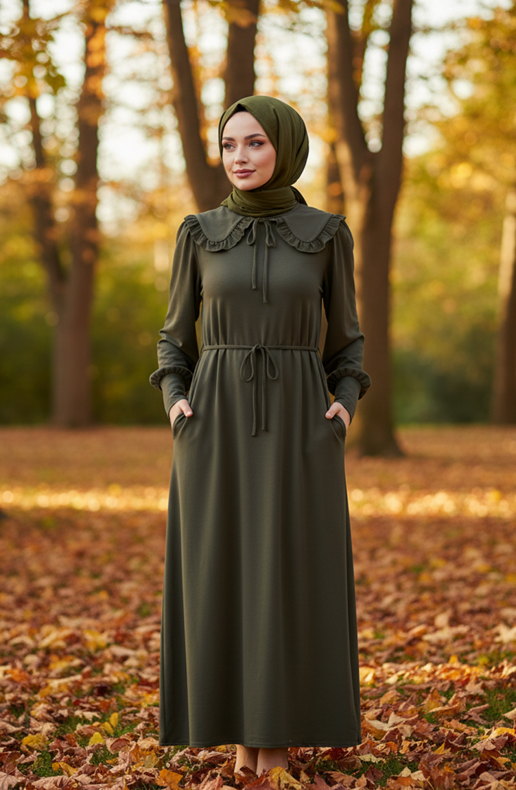 Robe Hijab à Col Volanté Et Lacets 2208-01 Kaki 2208-01