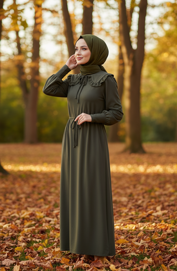 Robe Hijab à Col Volanté Et Lacets 2208-01 Kaki 2208-01