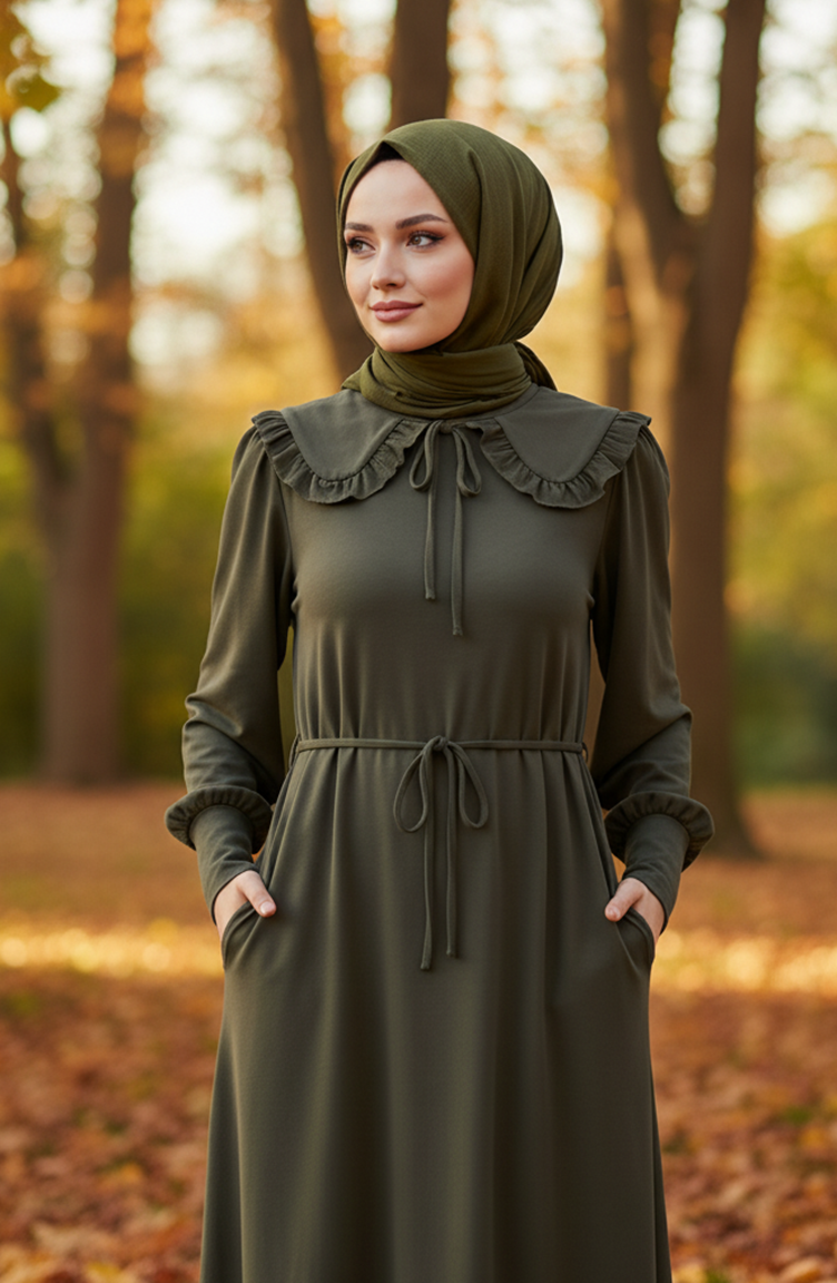 Robe Hijab à Col Volanté Et Lacets 2208-01 Kaki 2208-01