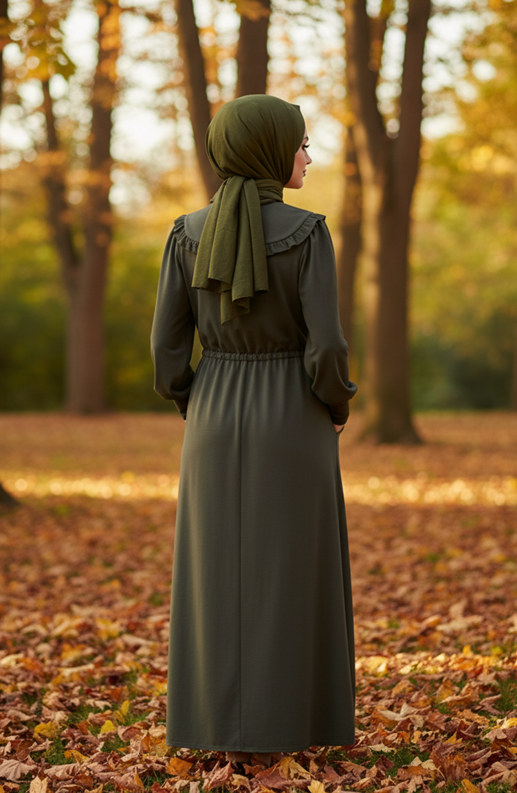 Robe Hijab à Col Volanté Et Lacets 2208-01 Kaki 2208-01