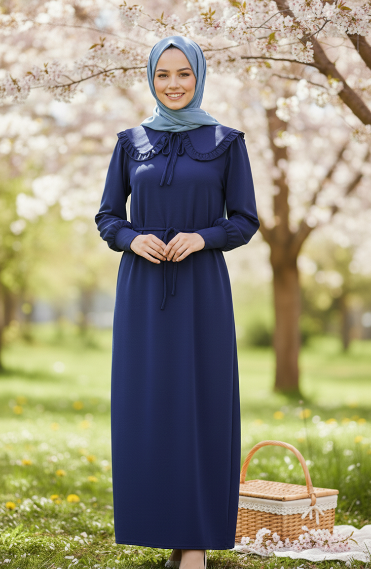 Robe Hijab à Col Volanté Et Lacets 2208-02 Bleu Marine 2208-02