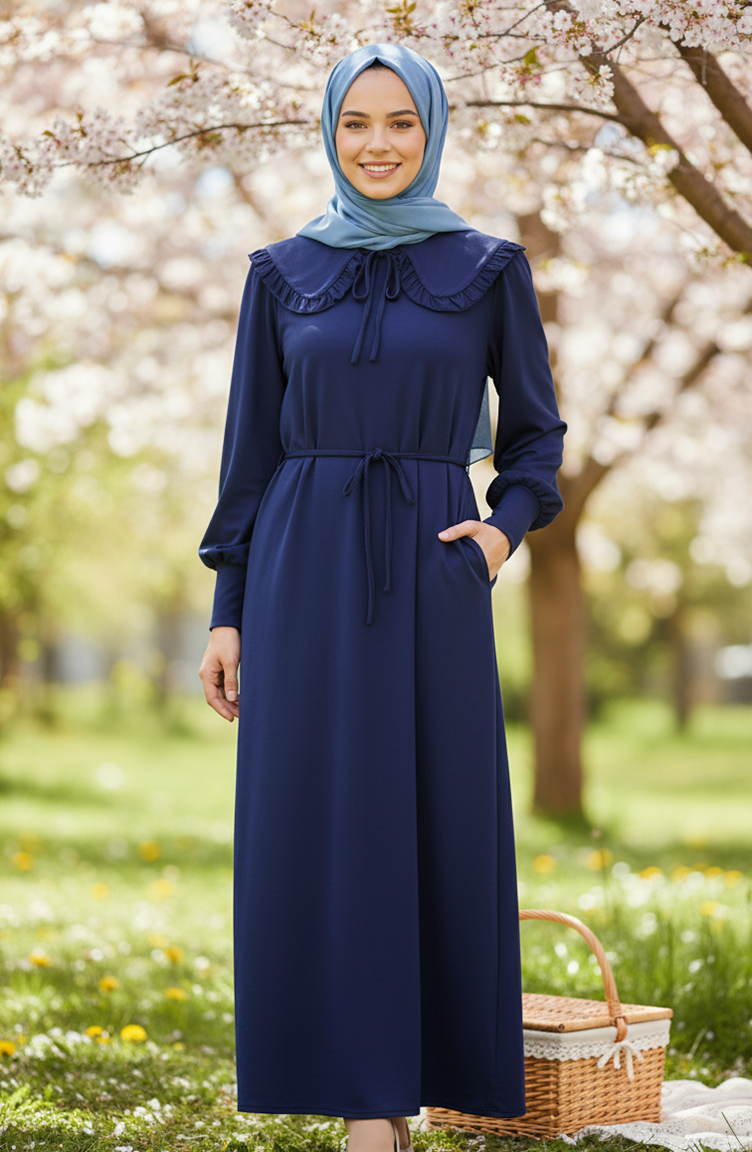 Robe Hijab à Col Volanté Et Lacets 2208-02 Bleu Marine 2208-02