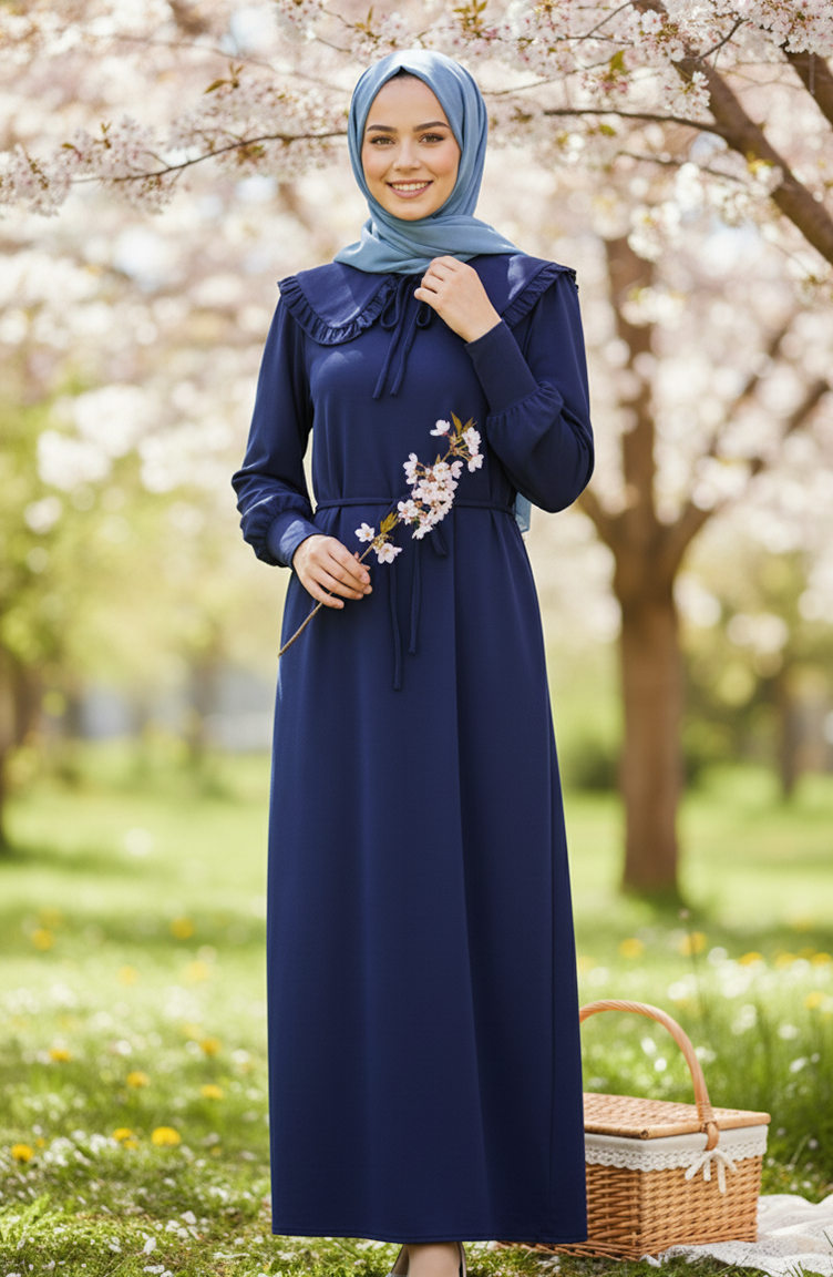 Robe Hijab à Col Volanté Et Lacets 2208-02 Bleu Marine 2208-02