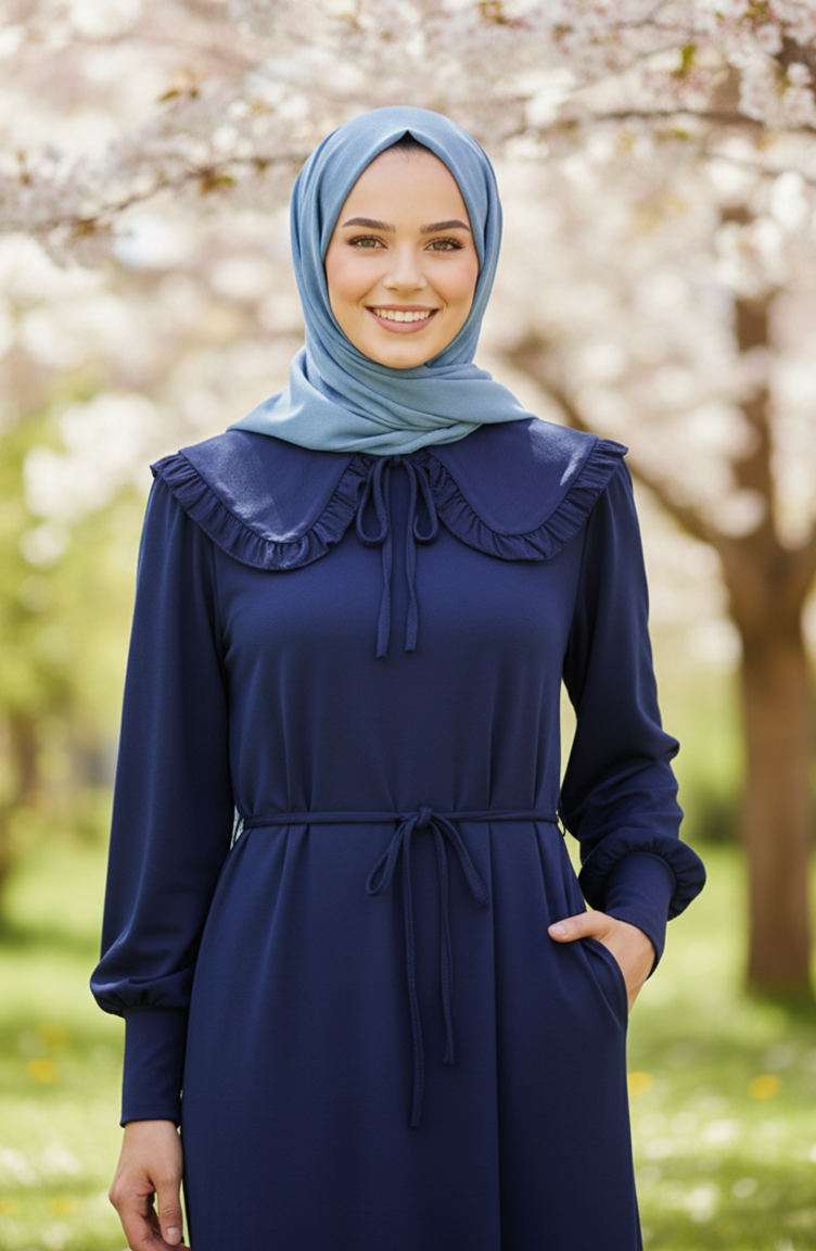 Robe Hijab à Col Volanté Et Lacets 2208-02 Bleu Marine 2208-02