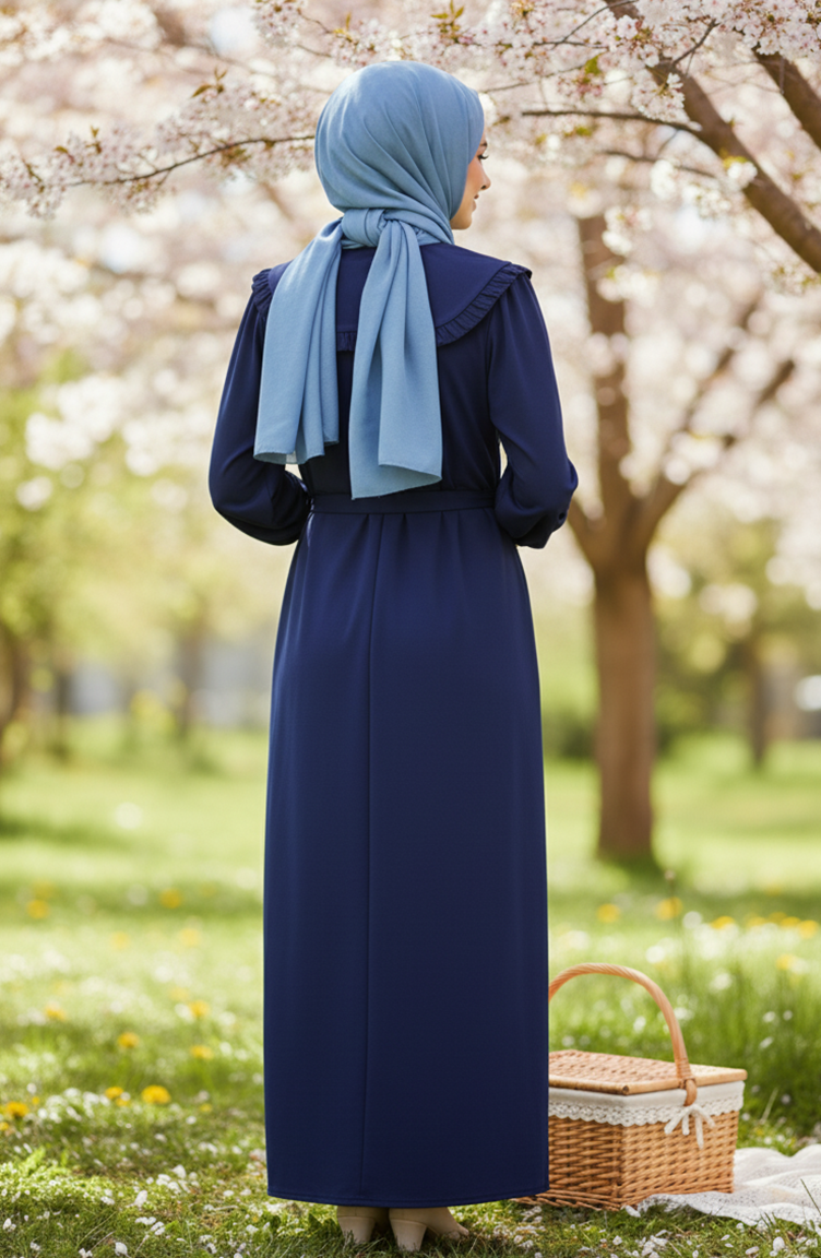 Robe Hijab à Col Volanté Et Lacets 2208-02 Bleu Marine 2208-02