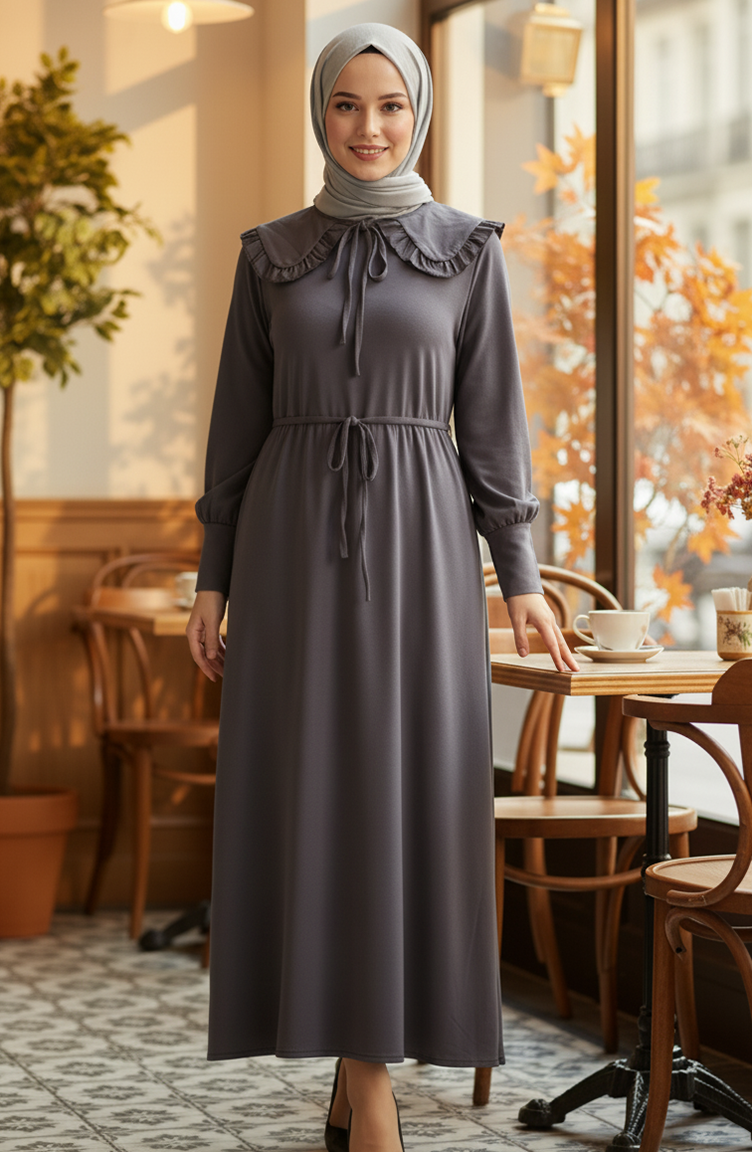 Ruffled Collar Lace-Up Hijab Dress 2208-04 Anthracite 2208-04