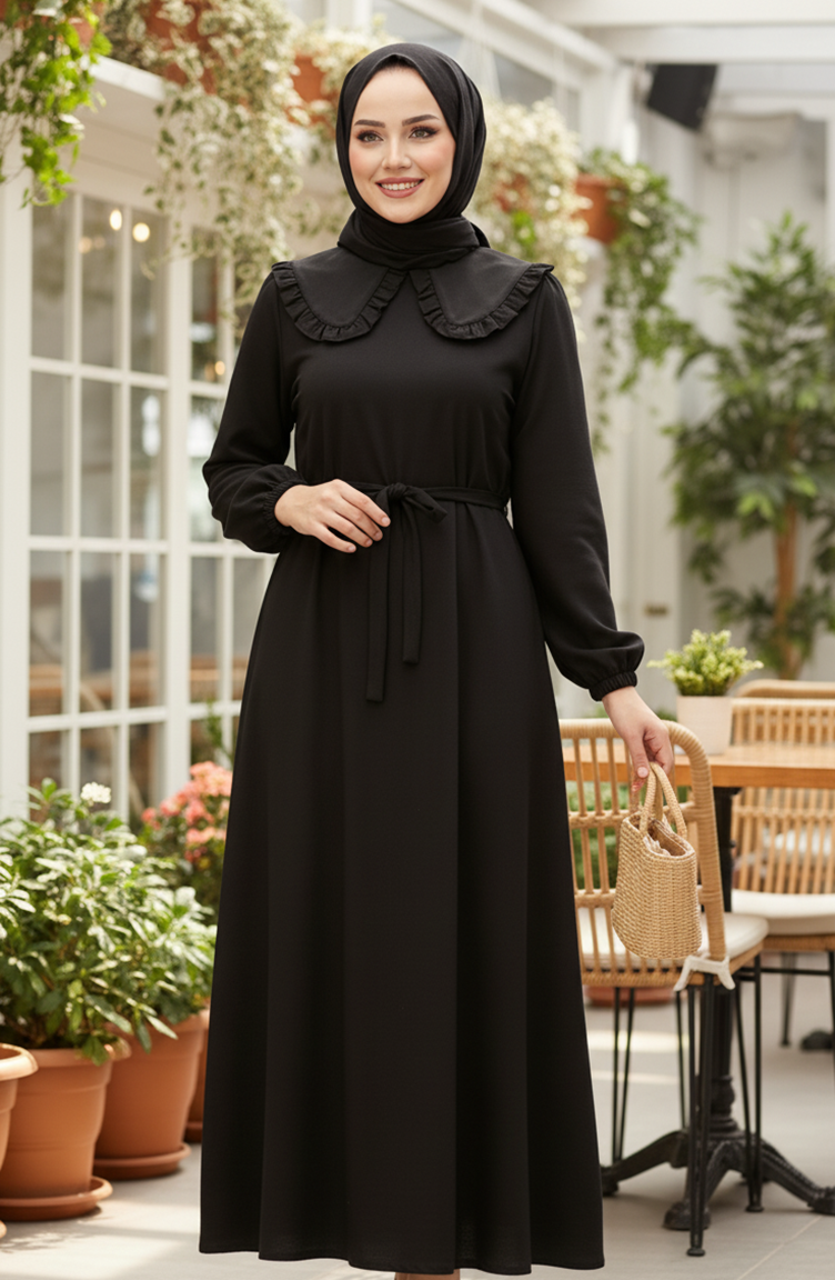 Robe Hijab à Col Volanté Et Lacets 2208-05 Noir 2208-05