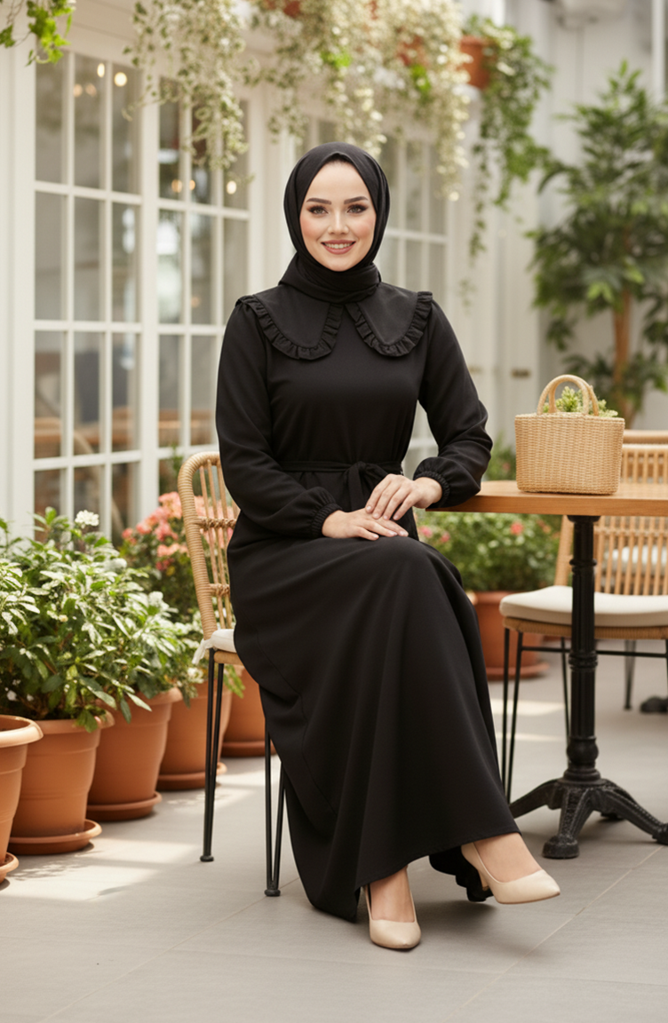 Robe Hijab à Col Volanté Et Lacets 2208-05 Noir 2208-05