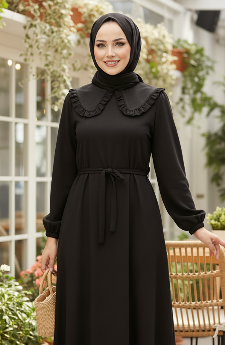 Robe Hijab à Col Volanté Et Lacets 2208-05 Noir 2208-05