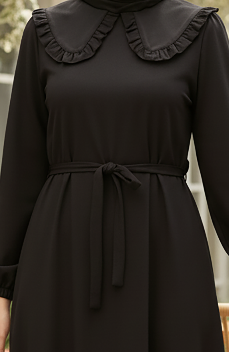 Robe Hijab à Col Volanté Et Lacets 2208-05 Noir 2208-05