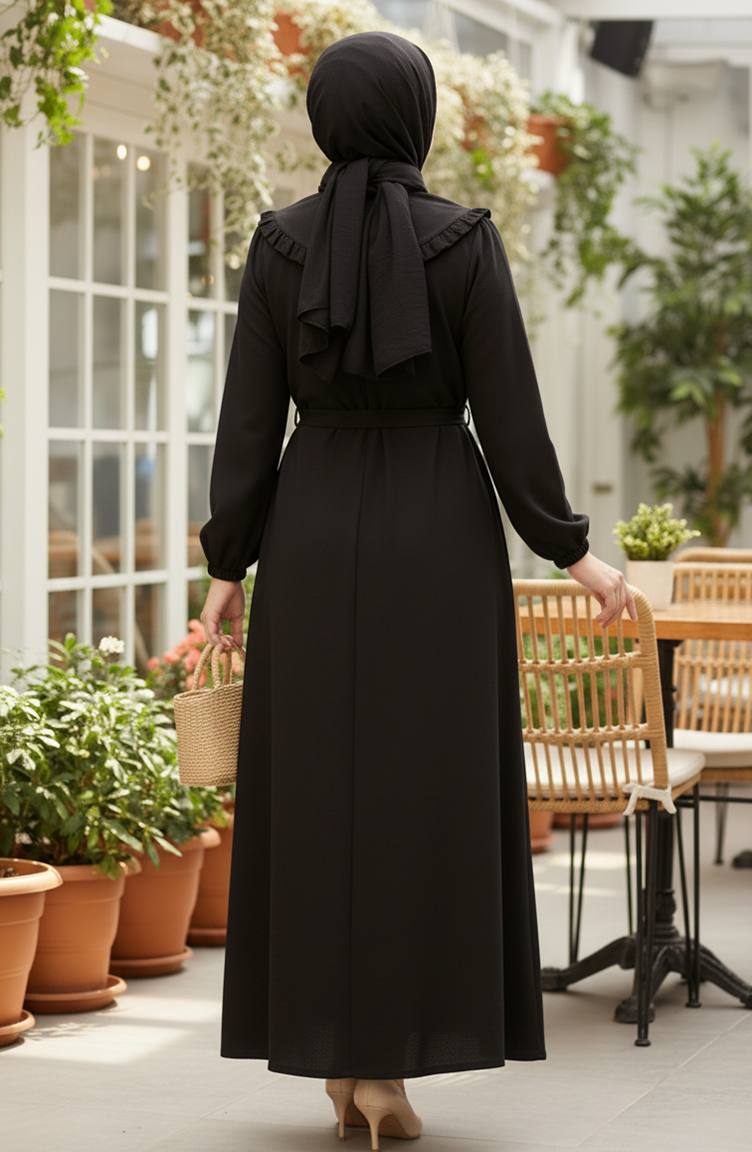 Robe Hijab à Col Volanté Et Lacets 2208-05 Noir 2208-05